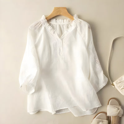 Aurora™ | Linen Blouse with Floral Elegance
