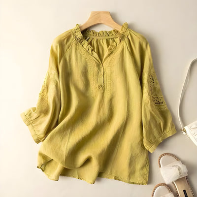 Aurora™ | Linen Blouse with Floral Elegance